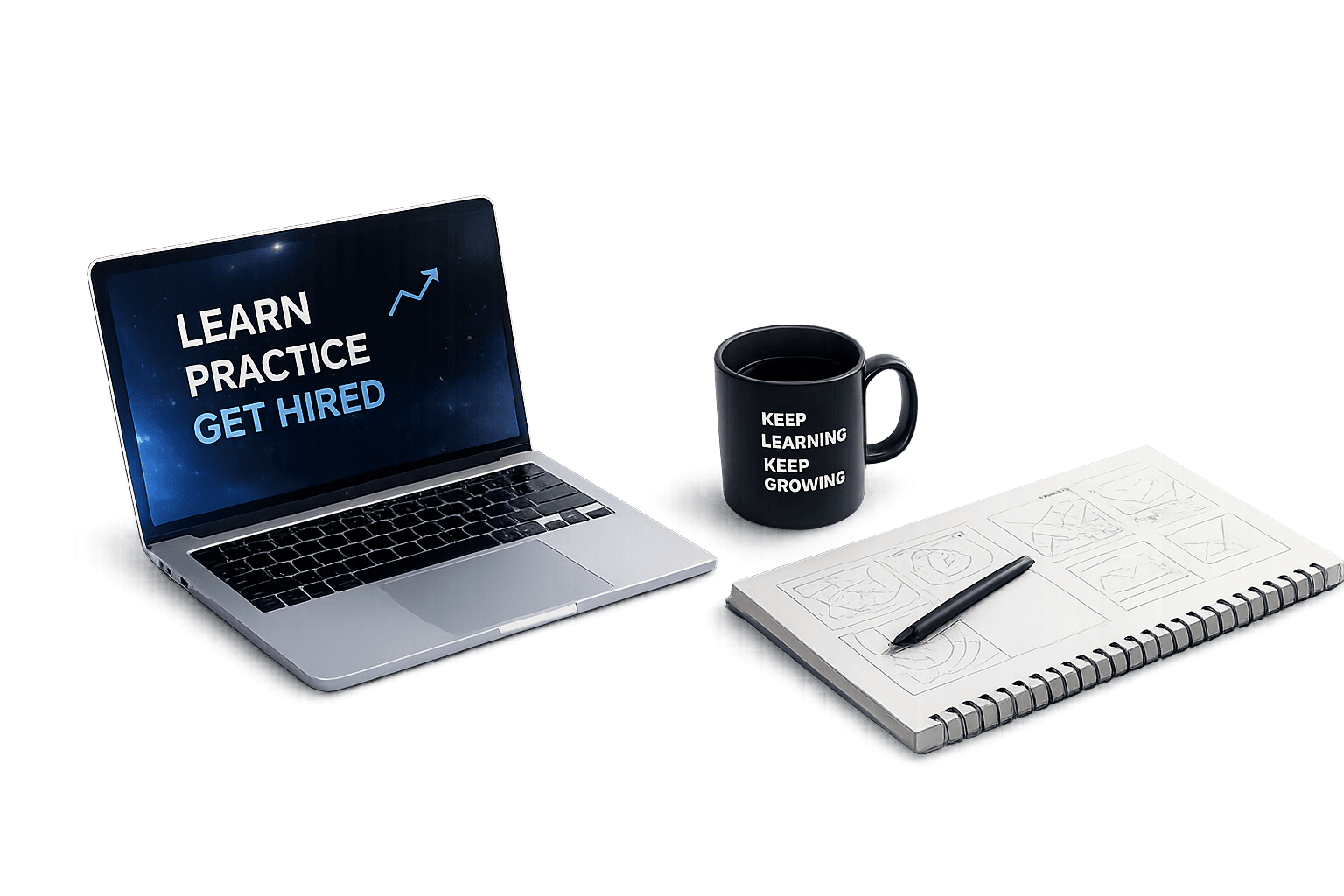 Laptop, coffee mug and notebook workspace